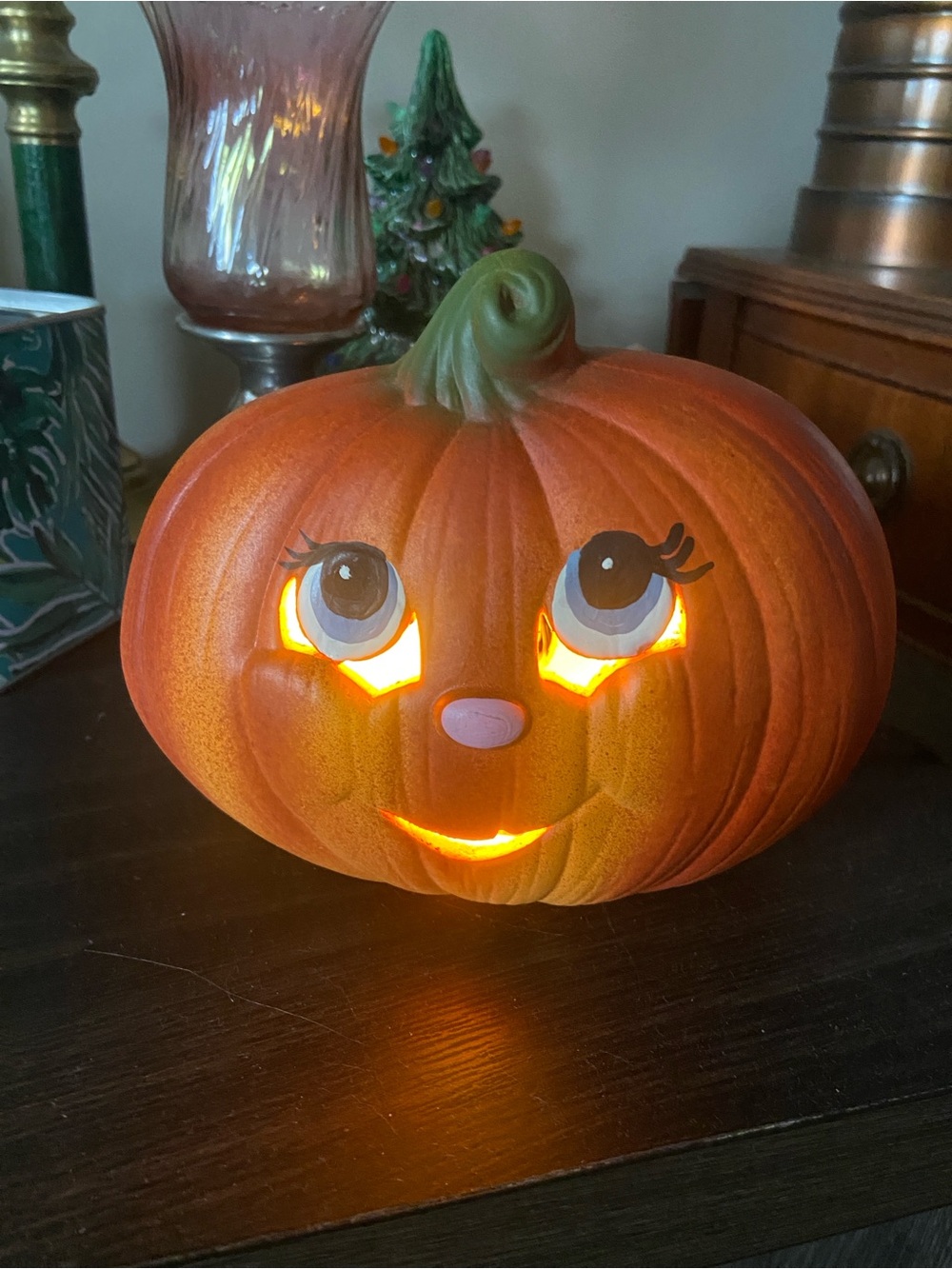 Vintage Painted Ceramic Light Up Halloween Jack O Lantern